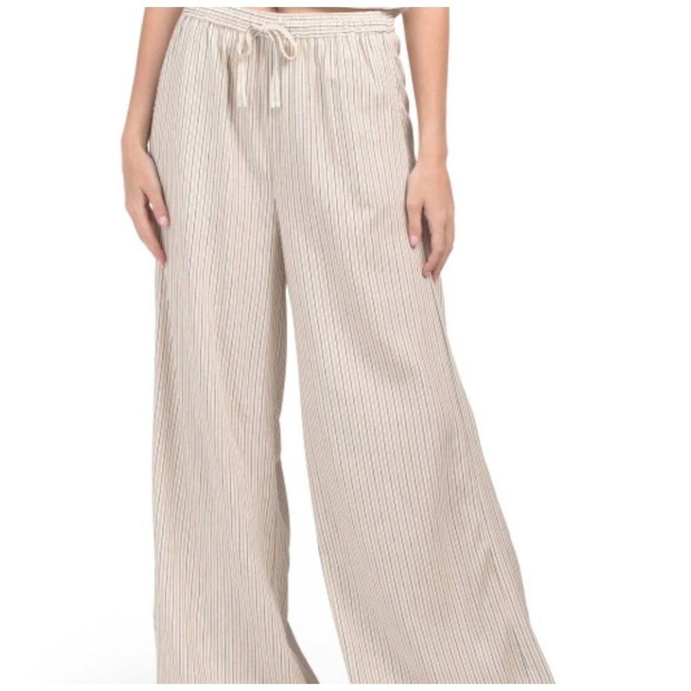 Max Studio London Linen Blend Wide Leg Pants Stripe Elastic Waist‎ M Coastal